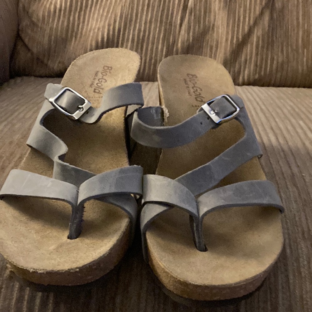 Bio-Gold gray suede wedge sandals.